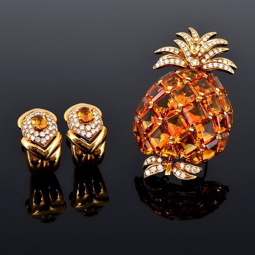 18K Gold, Diamond, Topaz & Citrine Estate Brooch & Earrings