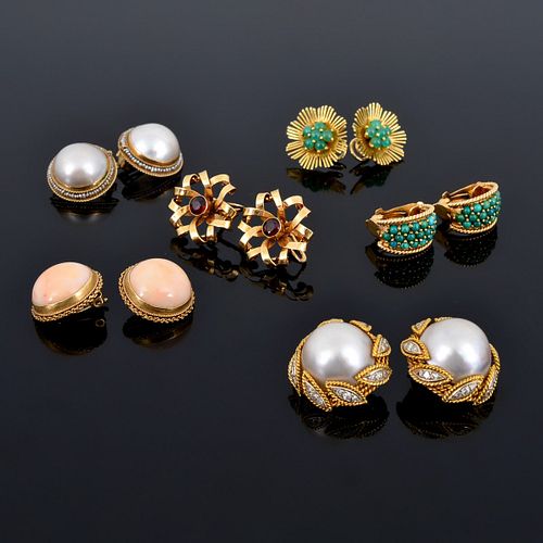 6 Pairs of 14K Gold Estate Earrings: Diamonds, Gemstones & Pearls