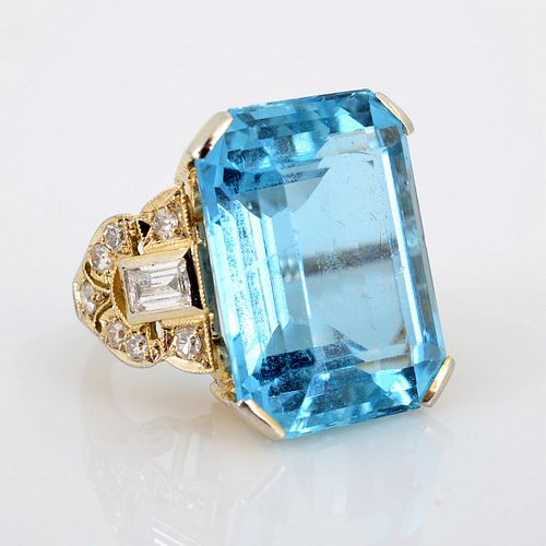 14K Gold, Diamond & Aquamarine Estate Ring