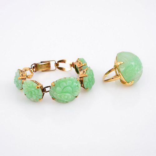 14K Gold Carved Jade Estate Ring & Bracelet Set