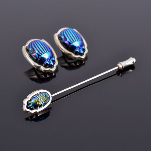 Tiffany & Co. Sterling Silver Favrile Scarab Pin & Earring Set