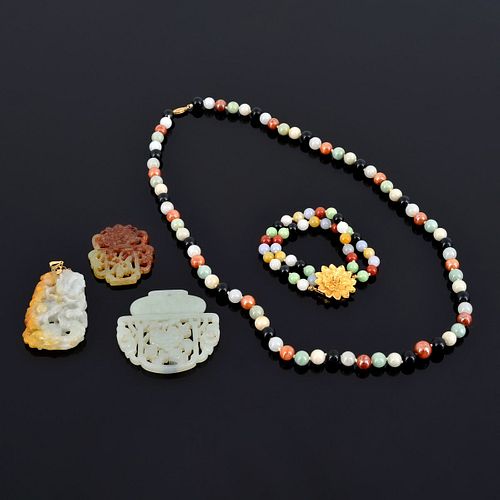 5 Pieces of Jade Jewelry: Necklace, Bracelet, 3 Pendants