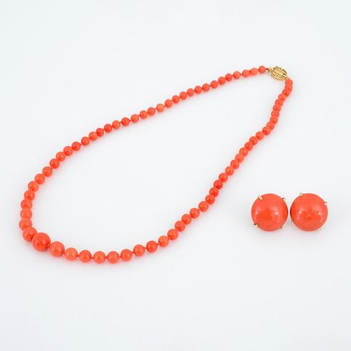 Gump's 14K Gold & Coral Necklace & Earrings Set