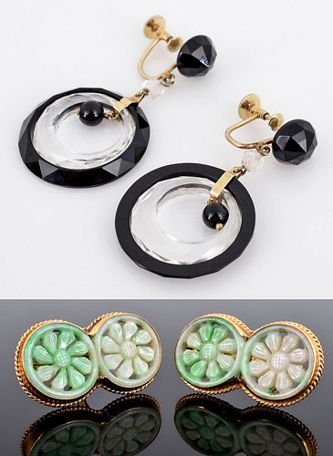 2 Pairs of 14K Gold Estate Earrings: 1 Jade, 1 Onyx & Quartz