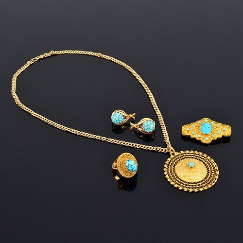 18K & 14K Gold & Turquoise Estate Jewelry, 4 Pieces 