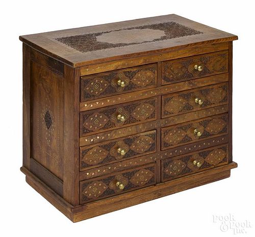 Brass and copper inlaid hardwood chest, probably Moroccan, 24'' h., 28 1/2'' w.