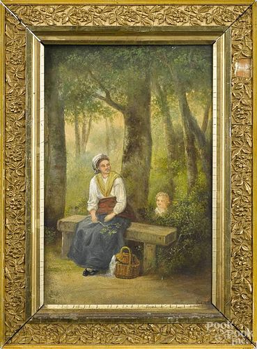 Oil on board landscape, ca. 1900, with a woman and child on a bench, signed indistinctly lower right