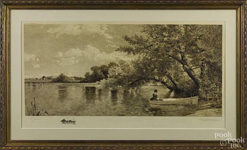 Frank Bicknell, lake side etching, signed lower right, depicting a woman in a row boat