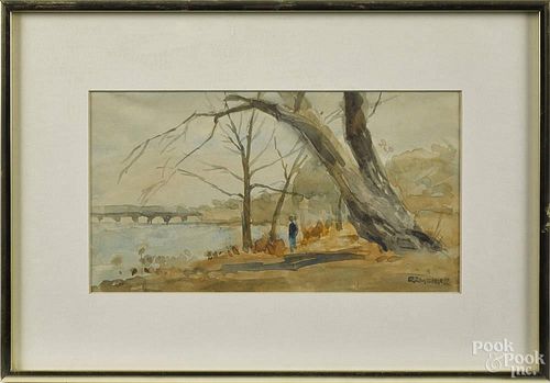 Seymour Remenick (American 1923-1999), watercolor riverscape, probably Schuylkill, signed lower left