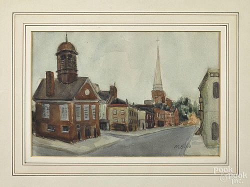 Watercolor townscape, signed M. Ellis, probably mainline Philadelphia, 7 1/4'' x 10 3/4''.