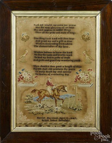 English needlework, wrought by Harriet Waywood, 1847, with a poem flanked by bird and floral panels