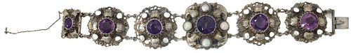 Antique Sterling Bracelet, Amethyst & Akoya Pearls