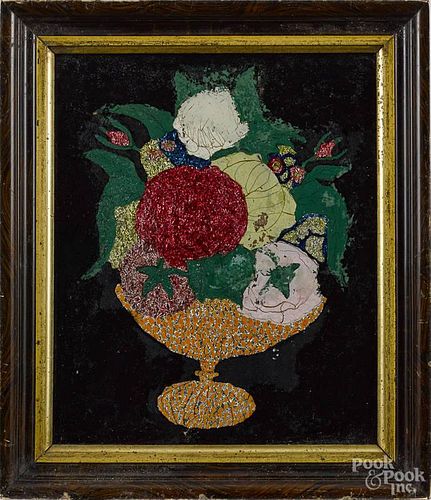 Three Victorian tinsel and foil still lifes, ca. 1900, one with a central lithograph of a young boy