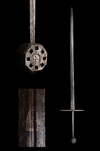 MEDIEVAL KNIGHTS TEMPLAR IRON TWO HANDED SWORD WITH COAT OF ARMS