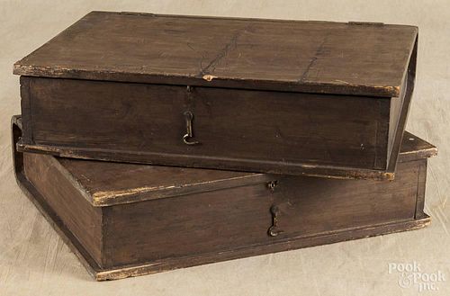 Pair of painted book-form boxes, dated 1870 and 1871, 4'' h., 16 1/2'' w.