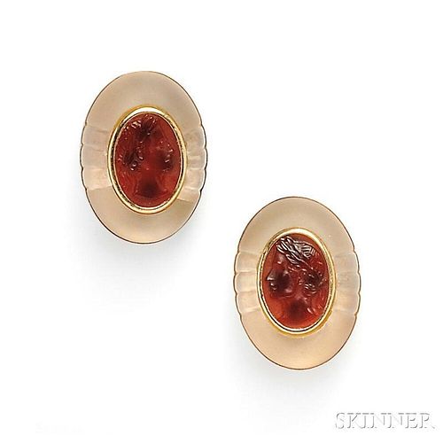 14kt Gold, Carnelian Cameo, and Rock Crystal Earclips, Trianon