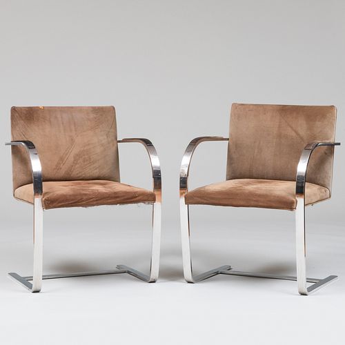 Pair of Mies van der Rohe for Knoll Stainless Steel Flat Bar 'Brno' 255 Armchairs