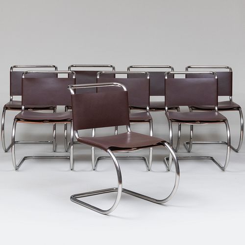 Set of Eight Mies van der Rohe for Knoll Chrome and Brown Leather 'MR' Dining Chairs