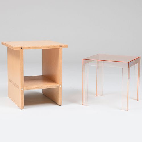 Brochsteins Plywood Side Table and Modern Orange Acrylic Side Table