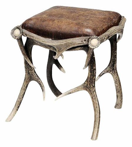 Stag Horn Leather-Upholstered Stool