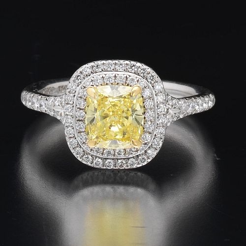 Tiffany &amp; Co Platinum, 1.29 Carat Intense Yellow Cushion Cut Diamond Engagement Ring 