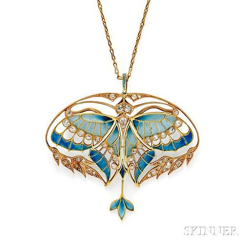 Art Nouveau 18kt Gold, Plique-a-Jour Enamel, and Diamond Pendant/Brooch, Henri Vever