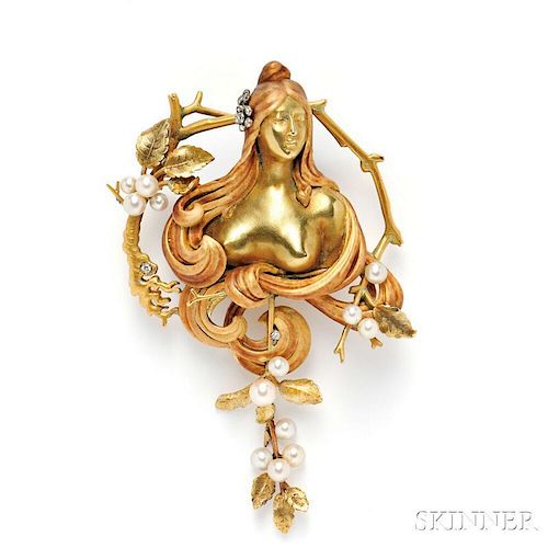 Rare Art Nouveau 18kt Gold and Enamel Pendant/Brooch, Gabriel Falguieres