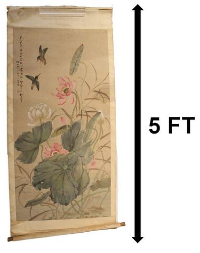 Signed Asian Scroll with Hummingbirds & Flowers