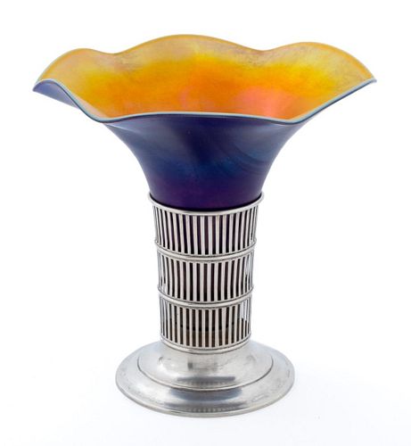 Tiffany Manner Favrile Glass Vase & Sterling Stand