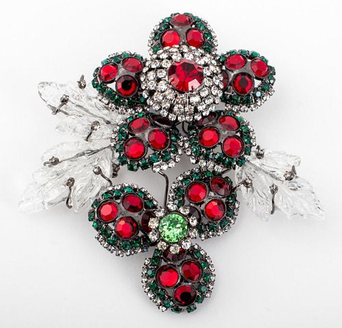 Lawrence Vrba Red and Green Crystal Floral Brooch