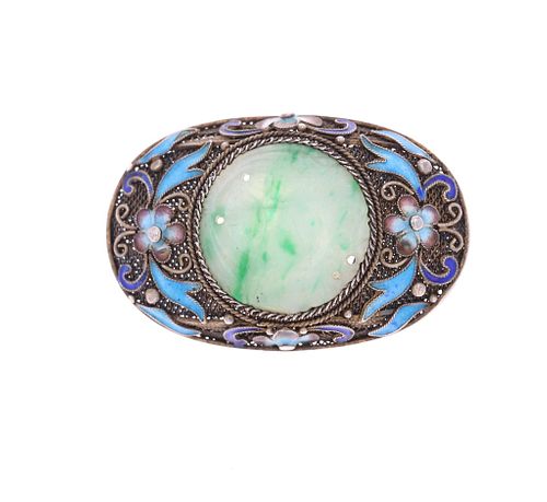 Early 1900s Carved Jade & Sterling Chinese Brooch