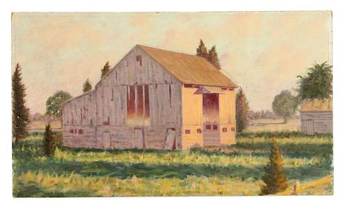 Henry Rood Jr., "Barn at Dusk", Oil on Board