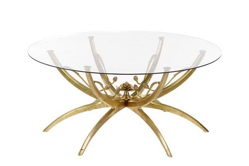 Mid-Century Brass & Glass Lotus Motif Coffee Table