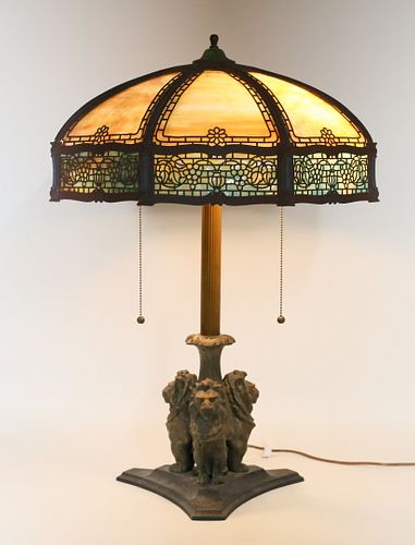 Signed Bradley & Hubbard Slag Glass Lion Lamp