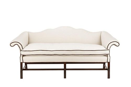 Chippendale Style Linen & Mohair Camelback Sofa