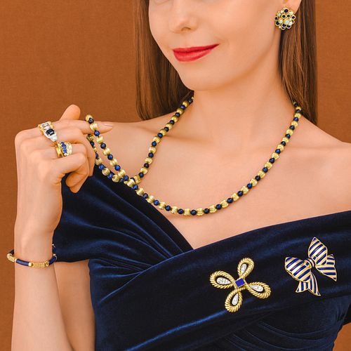 Lapis Lazuli and Gold Bead Necklace and Bracelet Set