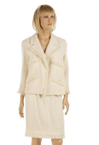CHANEL Cream Wool Tweed Skirt Suit