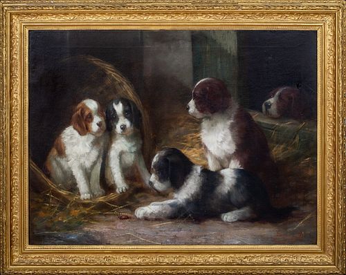 FRENCH SPANIEL PUPPIES OIL PAINTING