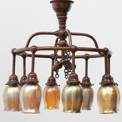 Tiffany Studios Patinated Bronze and Favrile Glass Nine-Light Geometric Moorish Chandelier