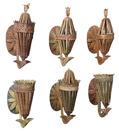 Six Painted and Gilt Tole Candle Sconces