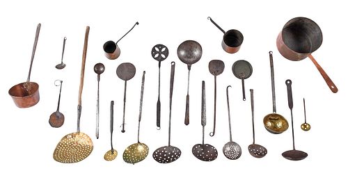 22 Assorted Brass and Iron Pots, Ladles, and Skimmers