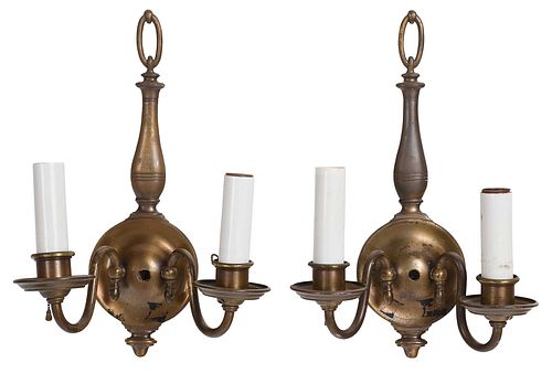 Pair of Electrified Brass Two Light Wall Sconces