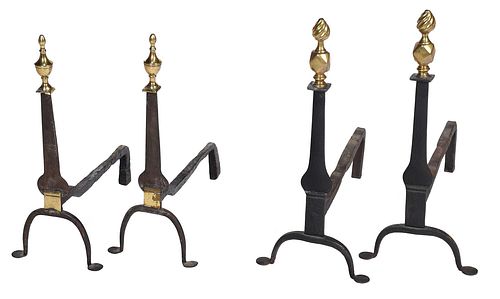 Two Pairs Iron and Brass Pennyfoot Andirons