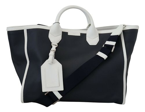 WHITE BLUE LEATHER SHOPPING TOTE BAG