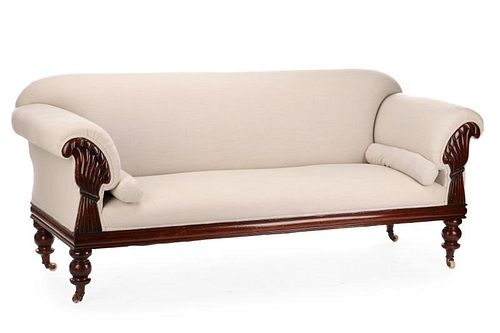 American Empire Style Mahogany Sofa, Beige Linen