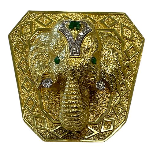 La Triomphe 18 kt Yellow Gold, Diamond and Emerald Elephant Brooch/Pendant  