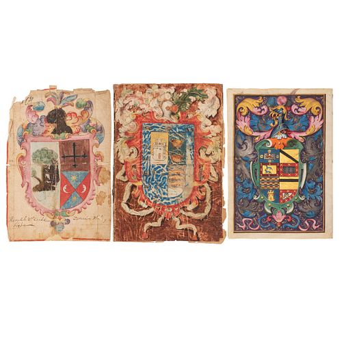 Escudos de Armas. Armas de la Ylustre Casa de Zarandon; de Rodrigo de Herrera...
Pintados sobre papel y vitela. Piezas: 3.
