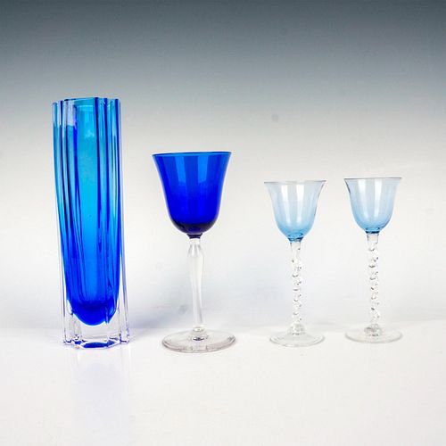 4pc Blue Glass Grouping, 3 Wine/Cordial and a Vase