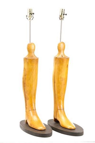 Pair, Antique Wooden Boot Form Lamps