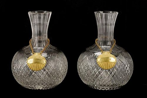 2 Cut Glass Decanters with Gilt Shell Labels